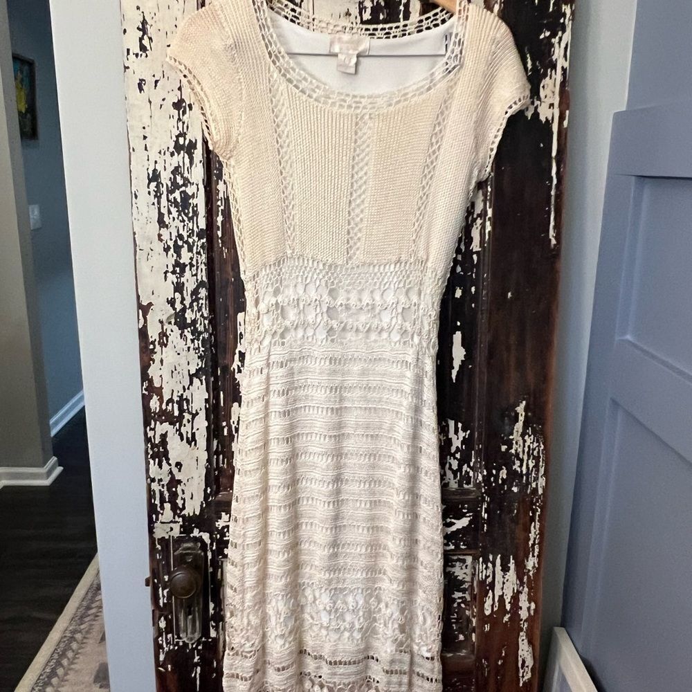 Elegant vintage Kroshetta by Papillon Crochet Cream Knit Dress women’s size 8